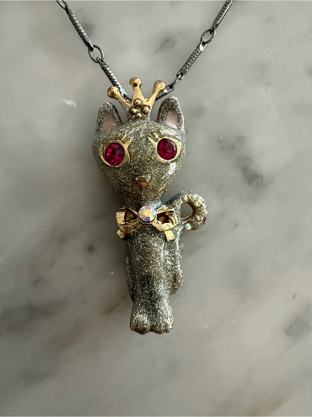 Betsey Johnson Gold and Silver Layered Cat Pendant Necklace with lavender Stones - Picture 2 of 12